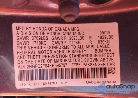 2019 Honda Civic Lx из США, поврежденный, VIN 2HGFC2F64KH595797